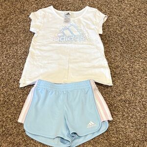 Adidas White Tee and Light Blue Shorts with Pink Stripes